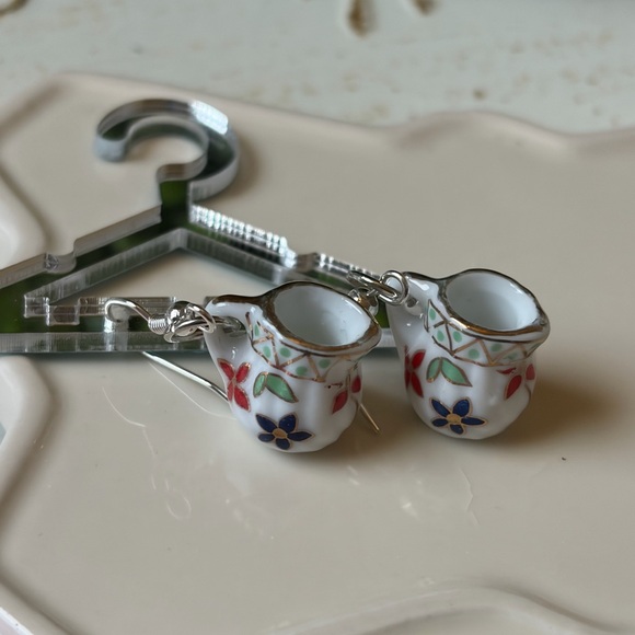 Handcrafted  Mini tea cup Drop Earrings - White with Red, Green & Gold - Picture 5 of 5